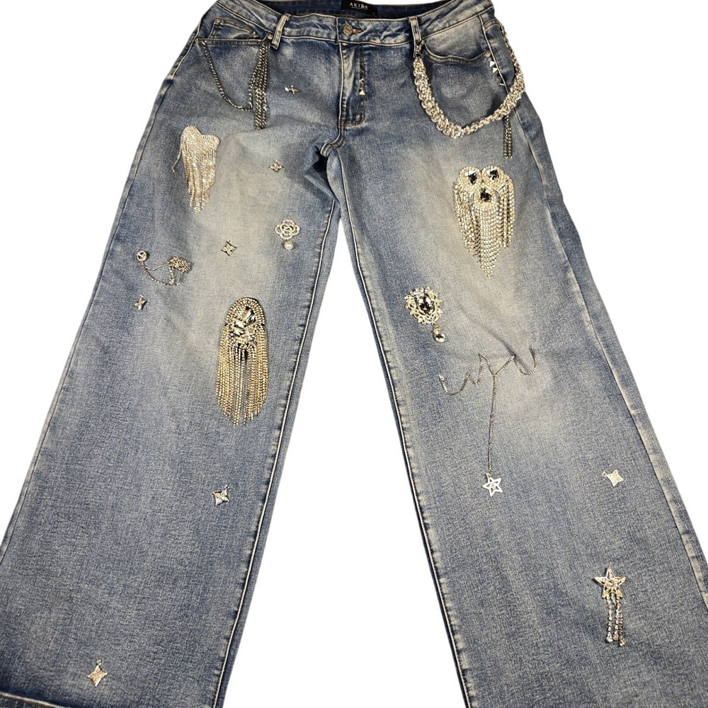 Akira Rhinestone Owl Embellished Wide Leg Jeans Medium Wash Blue XL